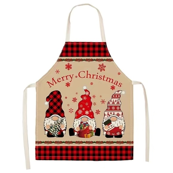 Christmas Apron Santa Gnome Waist Tie Bib Halter Holiday Adult Buffalo Check OS - Picture 1 of 9